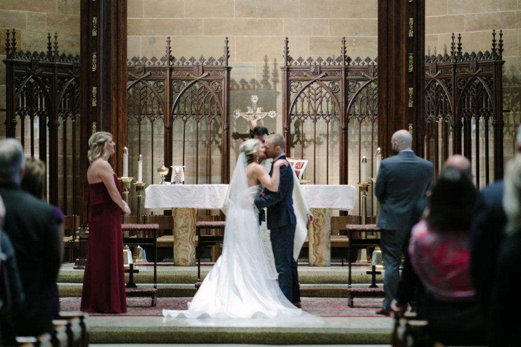 Bride and Groom, First Kiss, St. Joseph Cathedral Wedding