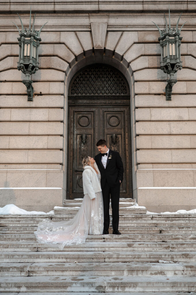 Cleveland Old Courthouse Wedding - bride and groom on steps