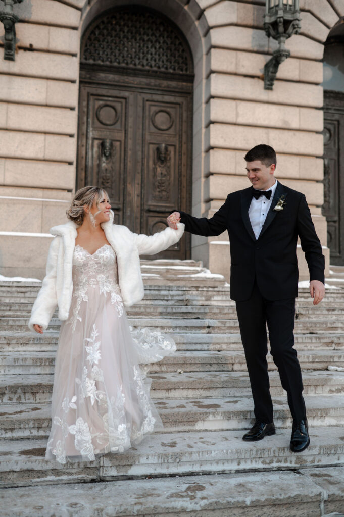 Cleveland Old Courthouse Wedding - bride and groom on steps