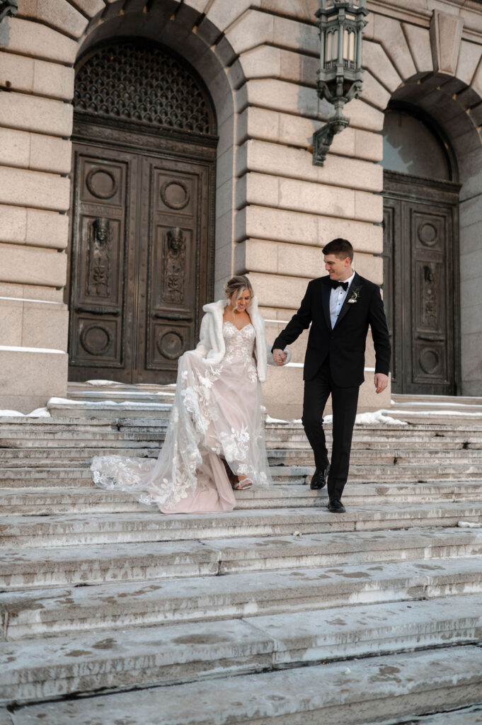 Cleveland Old Courthouse Wedding - bride and groom on steps