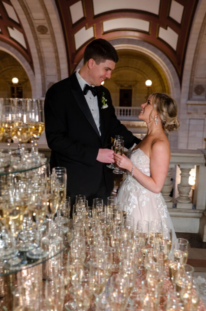 Cleveland Old Courthouse Wedding - bride and groom champagne tower