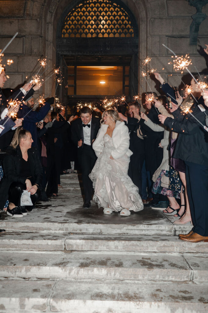 Cleveland Old Courthouse Wedding - bride and groom sparkler exit